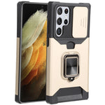 Cover per fotocamera scorrevole Design Custodia per telefono antiurto per PC + TPU con supporto per anello e slot per schede, For Samsung Galaxy S22 Ultra 5G