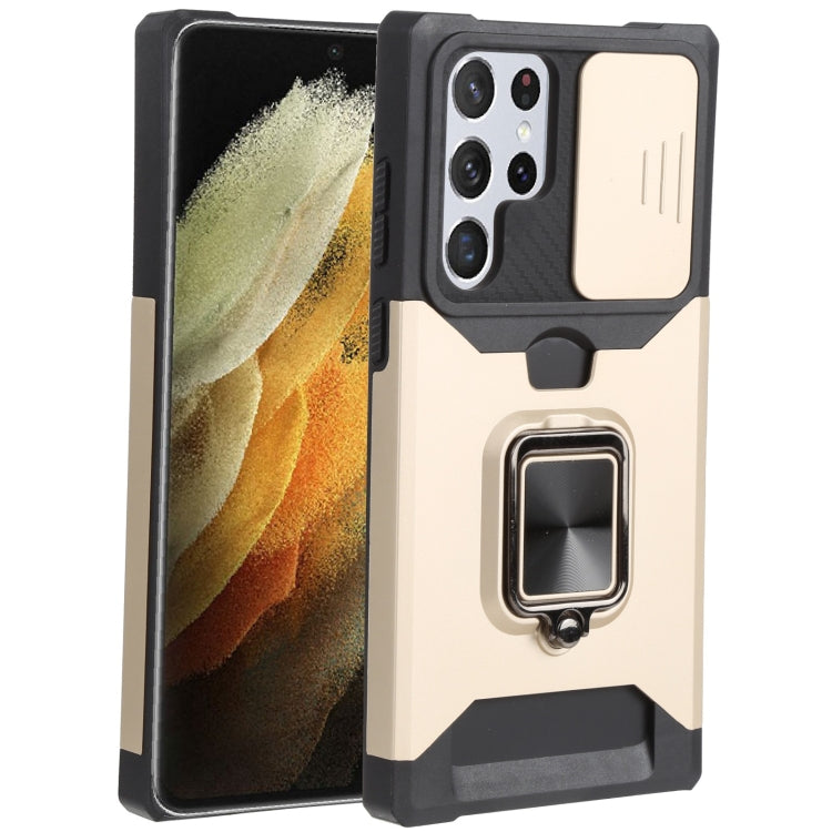 Cover per fotocamera scorrevole Design Custodia per telefono antiurto per PC + TPU con supporto per anello e slot per schede, For Samsung Galaxy S22 Ultra 5G