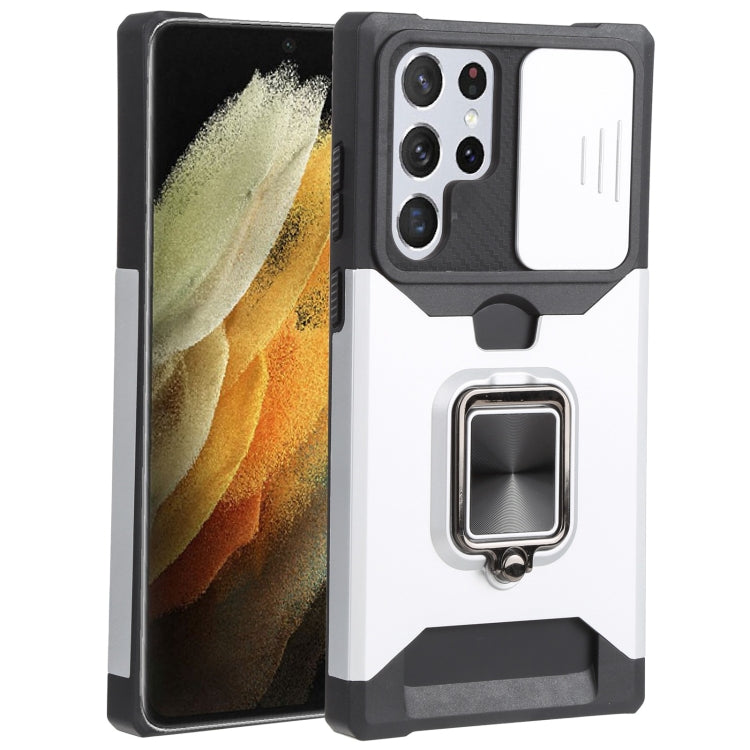 Cover per fotocamera scorrevole Design Custodia per telefono antiurto per PC + TPU con supporto per anello e slot per schede, For Samsung Galaxy S22 Ultra 5G