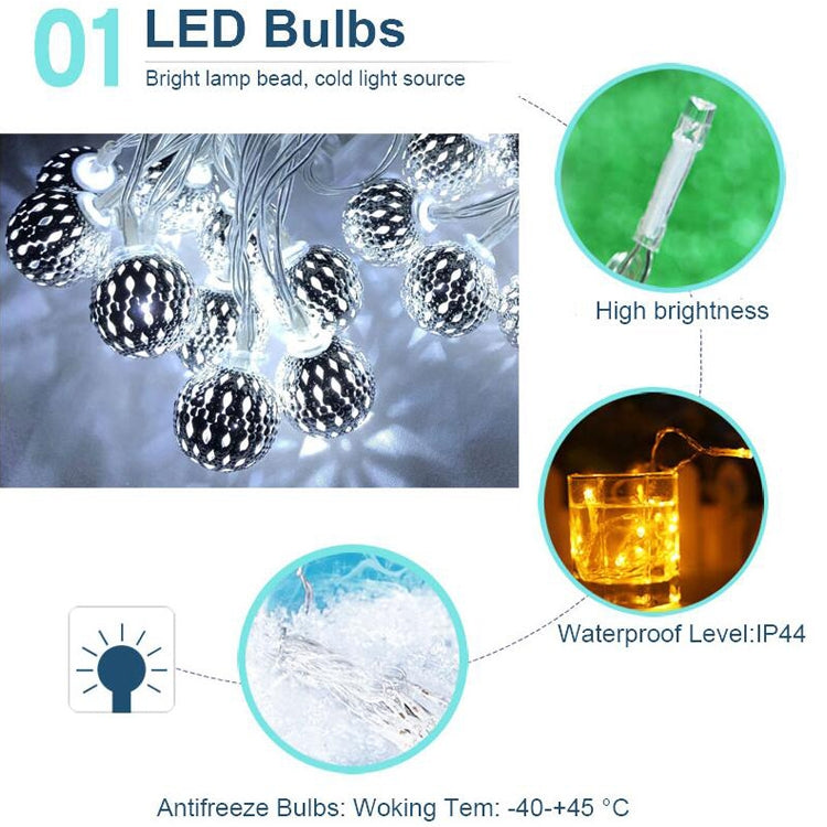 Ironwork Hollow Small Ball Outdoor LED Light String Garden Festival Decoration Light con telecomando, Waterproof Battery Box 40 LEDs, Waterproof Battery Box 50 LEDs