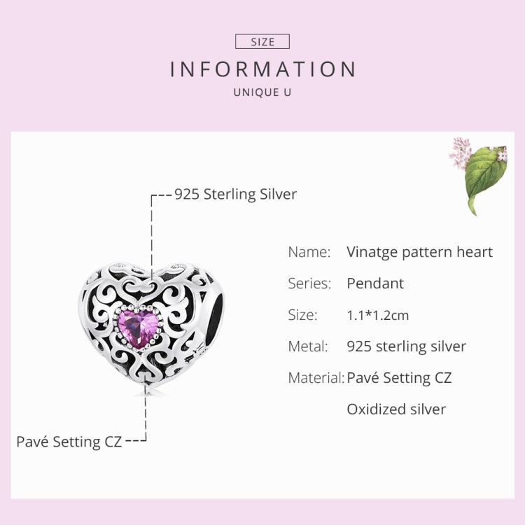 Accessori per collana braccialetto fai-da-te con perline a forma di fiore retrò in argento sterling S925, Retro Flower Texture Heart