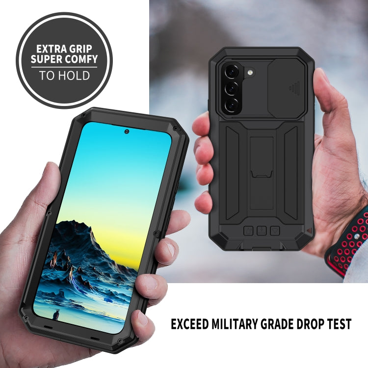 Custodia per telefono con supporto scorrevole in metallo + silicone per fotocamera R-JUST, For Samsung Galaxy S22 5G, For Samsung Galaxy S22+ 5G, For Samsung Galaxy S22 Ultra 5G