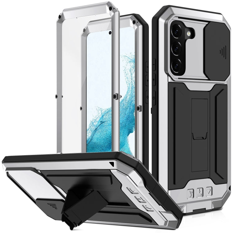 Custodia per telefono con supporto scorrevole in metallo + silicone per fotocamera R-JUST, For Samsung Galaxy S22 5G, For Samsung Galaxy S22+ 5G, For Samsung Galaxy S22 Ultra 5G