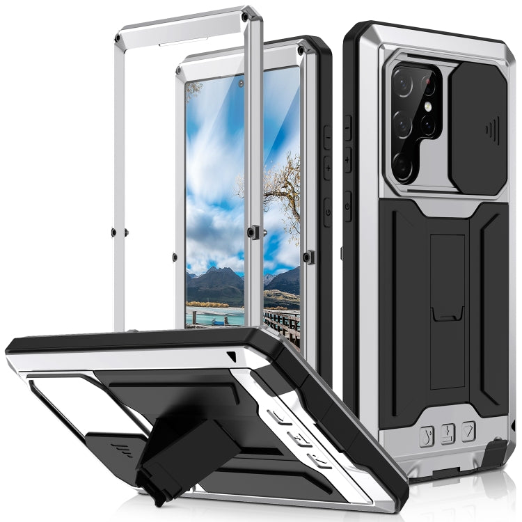 Custodia per telefono con supporto scorrevole in metallo + silicone per fotocamera R-JUST, For Samsung Galaxy S22 5G, For Samsung Galaxy S22+ 5G, For Samsung Galaxy S22 Ultra 5G