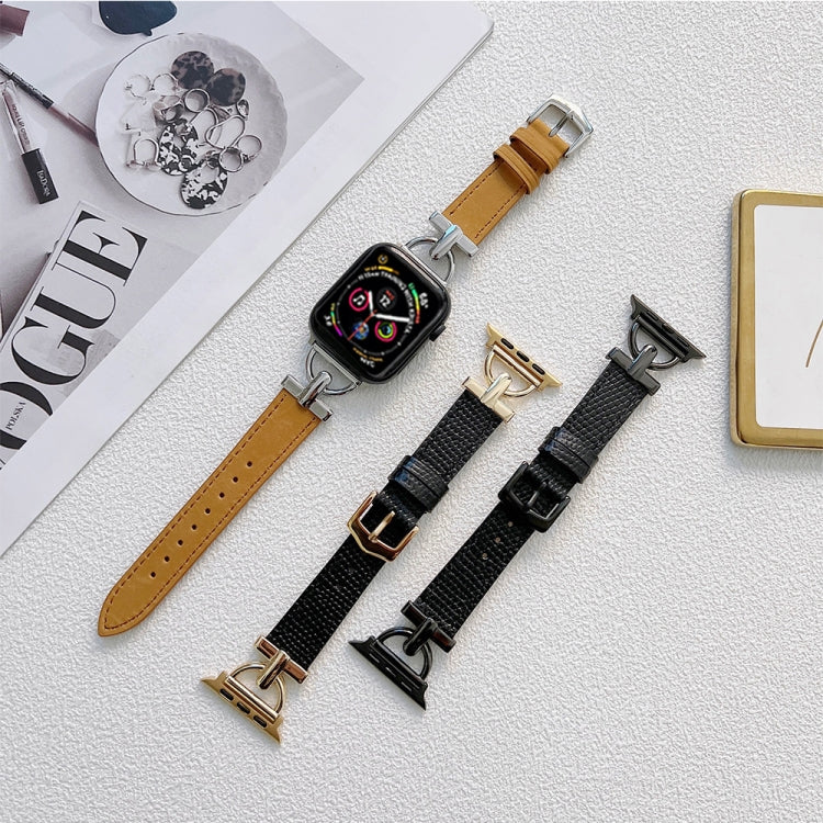 Acciaio a forma di D + cinturino in vera pelle per Apple Watch Series, 7 41mm / 6&SE&5&4 40mm / 3&2&1 38mm, 7 45mm / 6&SE&5&4 44mm / 3&2&1 42mm