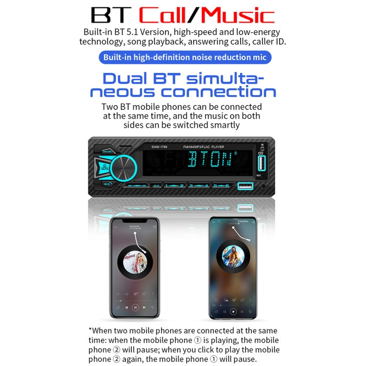 SWM-1789 Ricevitore autoradio Bluetooth 5.1 Lettore MP3 con telecomando, SWM-1789