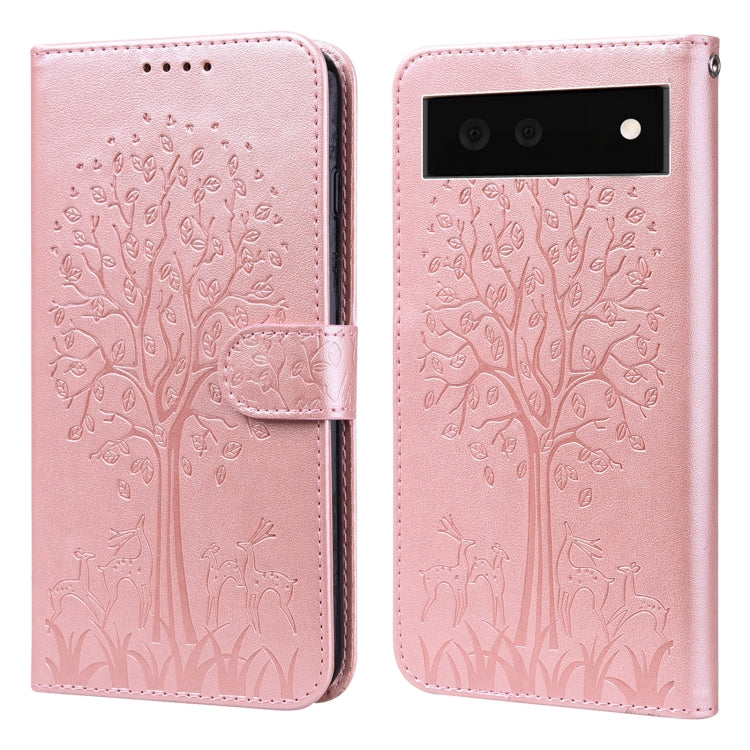 Custodia per telefono in pelle a vibrazione orizzontale con stampa pressata con motivo ad albero e cervo, For Google Pixel 5a 5G, For Google Pixel 6, For Google Pixel 6 Pro