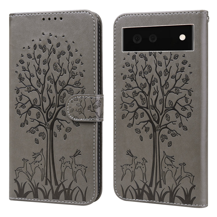 Custodia per telefono in pelle a vibrazione orizzontale con stampa pressata con motivo ad albero e cervo, For Google Pixel 5a 5G, For Google Pixel 6, For Google Pixel 6 Pro