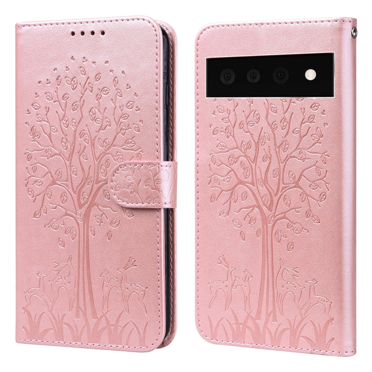 Custodia per telefono in pelle a vibrazione orizzontale con stampa pressata con motivo ad albero e cervo, For Google Pixel 5a 5G, For Google Pixel 6, For Google Pixel 6 Pro