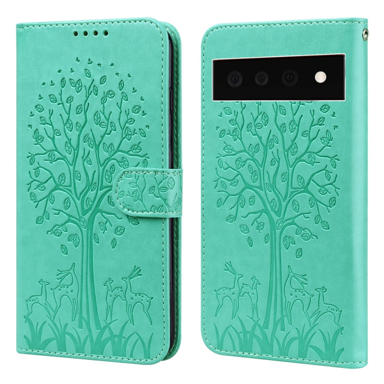 Custodia per telefono in pelle a vibrazione orizzontale con stampa pressata con motivo ad albero e cervo, For Google Pixel 5a 5G, For Google Pixel 6, For Google Pixel 6 Pro