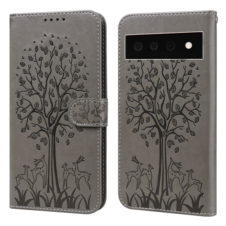 Custodia per telefono in pelle a vibrazione orizzontale con stampa pressata con motivo ad albero e cervo, For Google Pixel 5a 5G, For Google Pixel 6, For Google Pixel 6 Pro