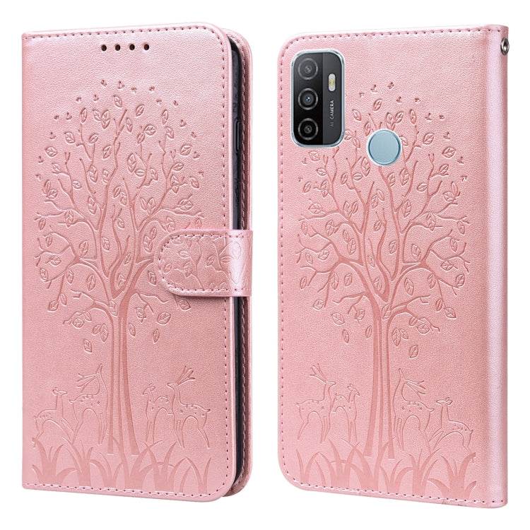 Custodia per telefono in pelle a vibrazione orizzontale con stampa pressata con motivo ad albero e cervo, For OPPO A32 / A33 / A52 / A52s, For OPPO A16, For Realme 8i