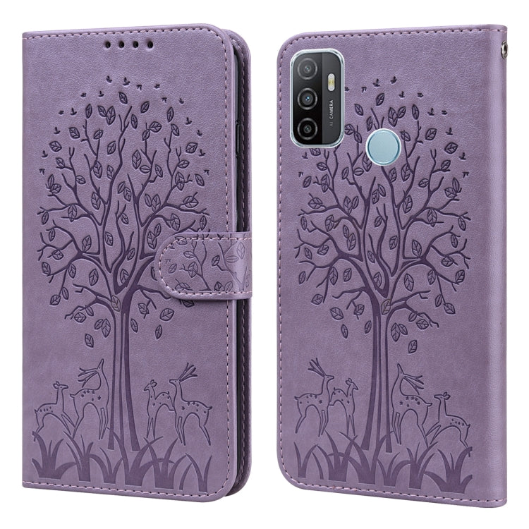 Custodia per telefono in pelle a vibrazione orizzontale con stampa pressata con motivo ad albero e cervo, For OPPO A32 / A33 / A52 / A52s, For OPPO A16, For Realme 8i