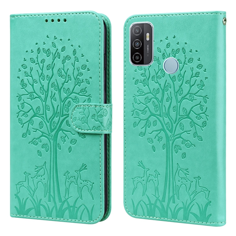 Custodia per telefono in pelle a vibrazione orizzontale con stampa pressata con motivo ad albero e cervo, For OPPO A32 / A33 / A52 / A52s, For OPPO A16, For Realme 8i