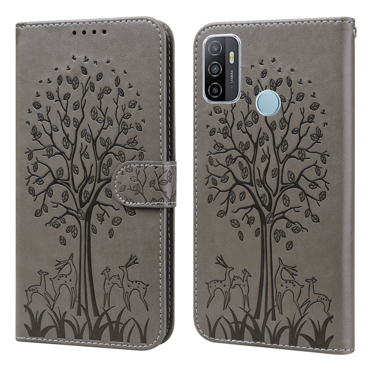 Custodia per telefono in pelle a vibrazione orizzontale con stampa pressata con motivo ad albero e cervo, For OPPO A32 / A33 / A52 / A52s, For OPPO A16, For Realme 8i