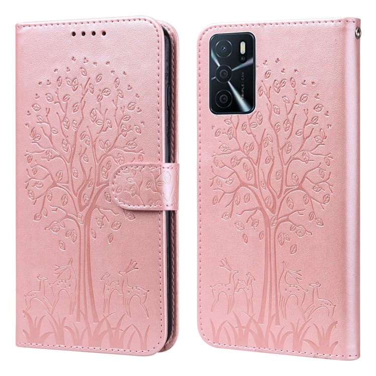 Custodia per telefono in pelle a vibrazione orizzontale con stampa pressata con motivo ad albero e cervo, For OPPO A32 / A33 / A52 / A52s, For OPPO A16, For Realme 8i