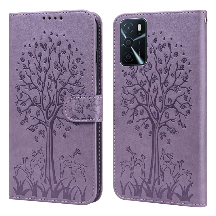 Custodia per telefono in pelle a vibrazione orizzontale con stampa pressata con motivo ad albero e cervo, For OPPO A32 / A33 / A52 / A52s, For OPPO A16, For Realme 8i