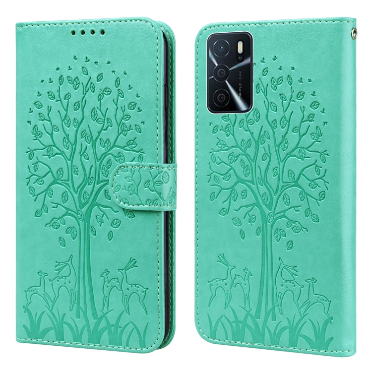 Custodia per telefono in pelle a vibrazione orizzontale con stampa pressata con motivo ad albero e cervo, For OPPO A32 / A33 / A52 / A52s, For OPPO A16, For Realme 8i