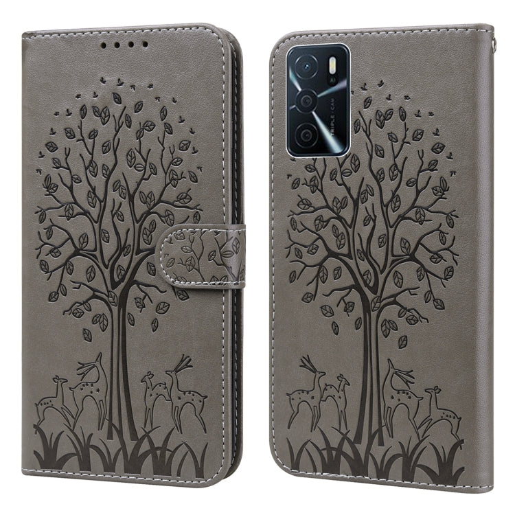Custodia per telefono in pelle a vibrazione orizzontale con stampa pressata con motivo ad albero e cervo, For OPPO A32 / A33 / A52 / A52s, For OPPO A16, For Realme 8i