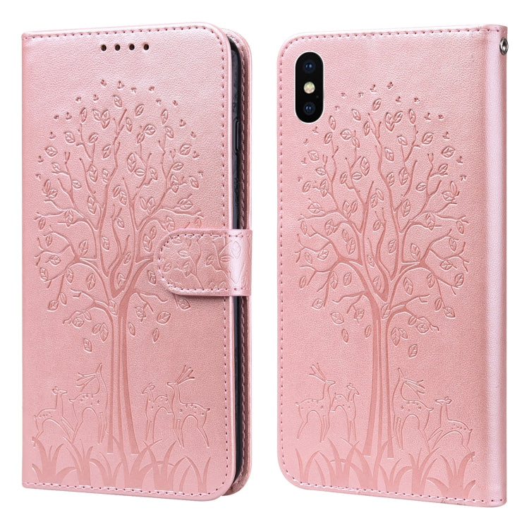 Custodia per telefono in pelle a vibrazione orizzontale con stampa pressata con motivo ad albero e cervo, For iPhone XS Max, For iPhone 7 / 8 / SE 2020 / SE 2022, For iPhone 11, For iPhone 11 Pro
