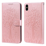 Custodia per telefono in pelle a vibrazione orizzontale con stampa pressata con motivo ad albero e cervo, For iPhone XS Max, For iPhone 7 / 8 / SE 2020 / SE 2022, For iPhone 11, For iPhone 11 Pro