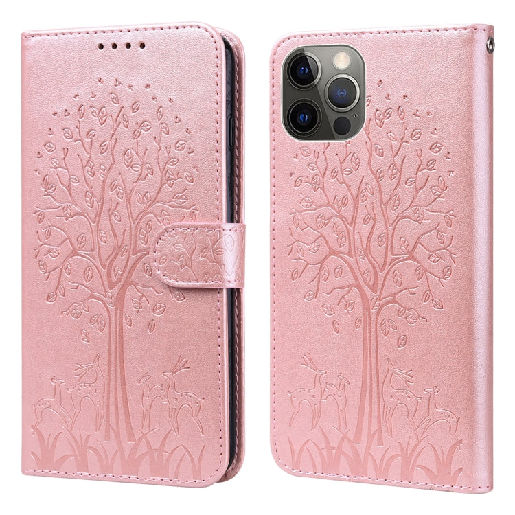 Custodia per telefono in pelle a vibrazione orizzontale con stampa pressata con motivo ad albero e cervo, For iPhone 13 Pro, For iPhone 13, For iPhone X / XS, For iPhone XR