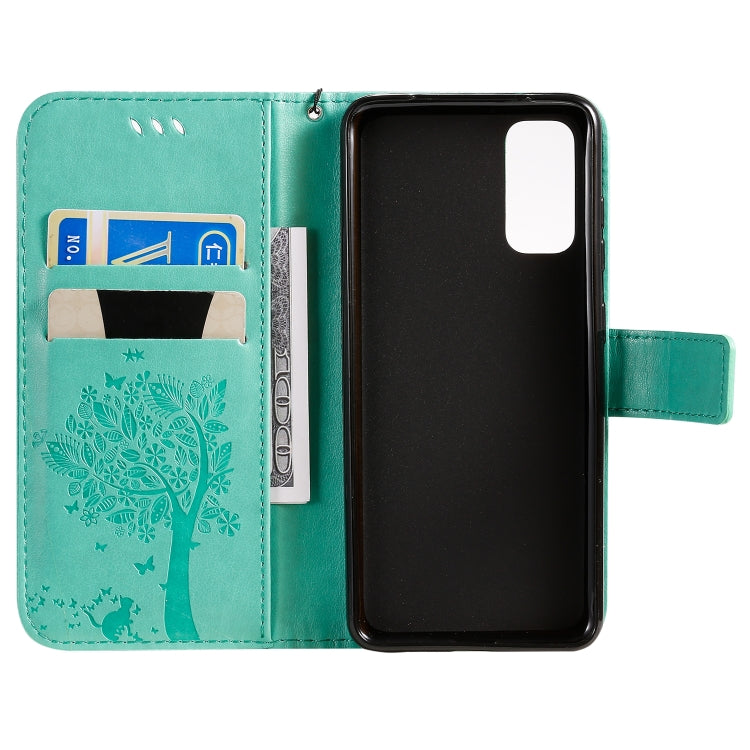 Custodia in pelle sintetica a vibrazione orizzontale con motivo ad albero e gatto con supporto e fessure per carte, portafoglio e cordino, For Galaxy S20