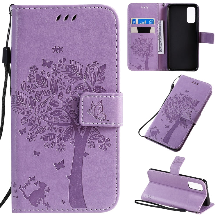 Custodia in pelle sintetica a vibrazione orizzontale con motivo ad albero e gatto con supporto e fessure per carte, portafoglio e cordino, For Galaxy S20