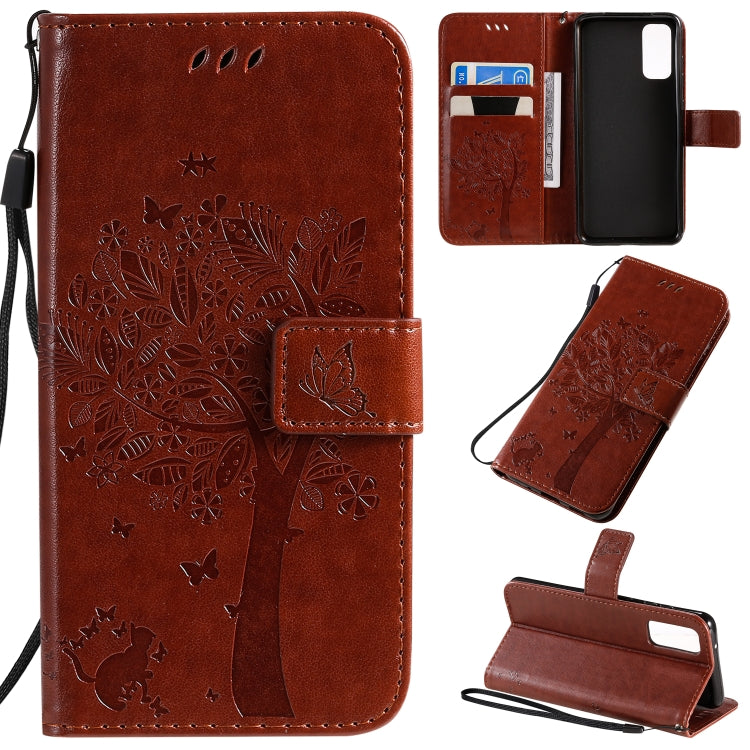 Custodia in pelle sintetica a vibrazione orizzontale con motivo ad albero e gatto con supporto e fessure per carte, portafoglio e cordino, For Galaxy S20