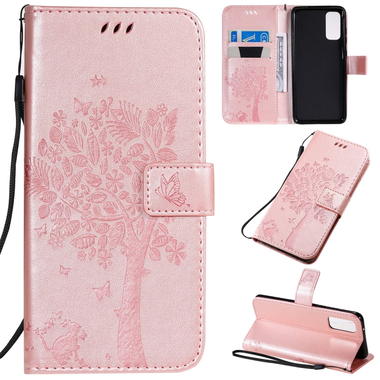 Custodia in pelle sintetica a vibrazione orizzontale con motivo ad albero e gatto con supporto e fessure per carte, portafoglio e cordino, For Galaxy S20