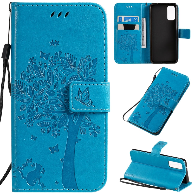 Custodia in pelle sintetica a vibrazione orizzontale con motivo ad albero e gatto con supporto e fessure per carte, portafoglio e cordino, For Galaxy S20