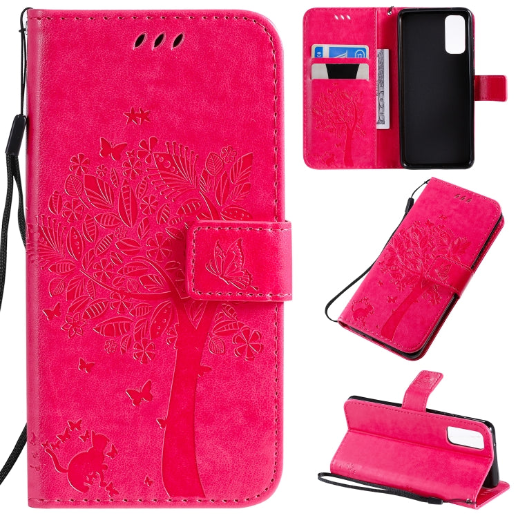 Custodia in pelle sintetica a vibrazione orizzontale con motivo ad albero e gatto con supporto e fessure per carte, portafoglio e cordino, For Galaxy S20