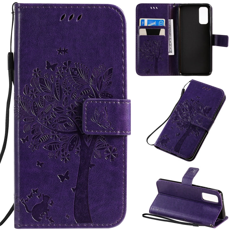 Custodia in pelle sintetica a vibrazione orizzontale con motivo ad albero e gatto con supporto e fessure per carte, portafoglio e cordino, For Galaxy S20
