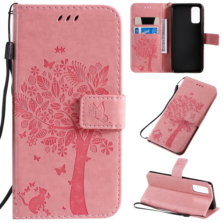 Custodia in pelle sintetica a vibrazione orizzontale con motivo ad albero e gatto con supporto e fessure per carte, portafoglio e cordino, For Galaxy S20