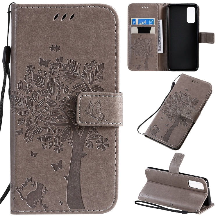 Custodia in pelle sintetica a vibrazione orizzontale con motivo ad albero e gatto con supporto e fessure per carte, portafoglio e cordino, For Galaxy S20