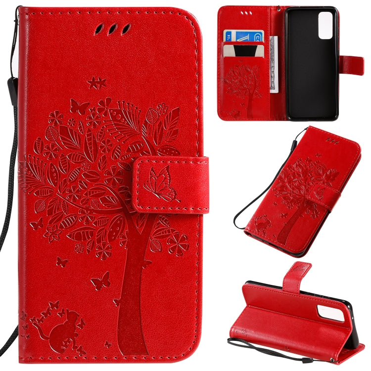 Custodia in pelle sintetica a vibrazione orizzontale con motivo ad albero e gatto con supporto e fessure per carte, portafoglio e cordino, For Galaxy S20