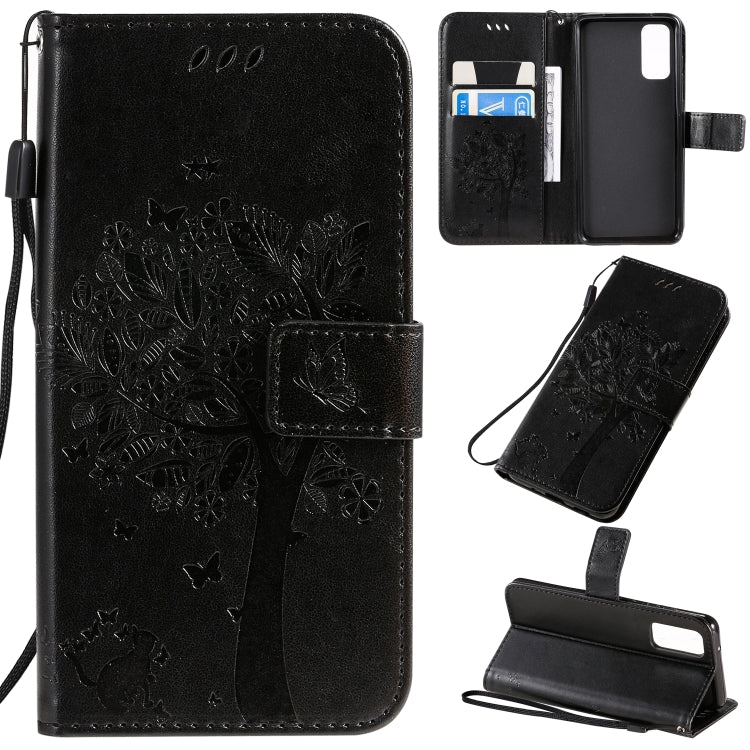 Custodia in pelle sintetica a vibrazione orizzontale con motivo ad albero e gatto con supporto e fessure per carte, portafoglio e cordino, For Galaxy S20