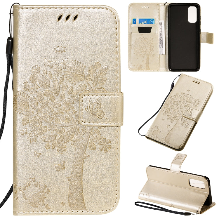 Custodia in pelle sintetica a vibrazione orizzontale con motivo ad albero e gatto con supporto e fessure per carte, portafoglio e cordino, For Galaxy S20