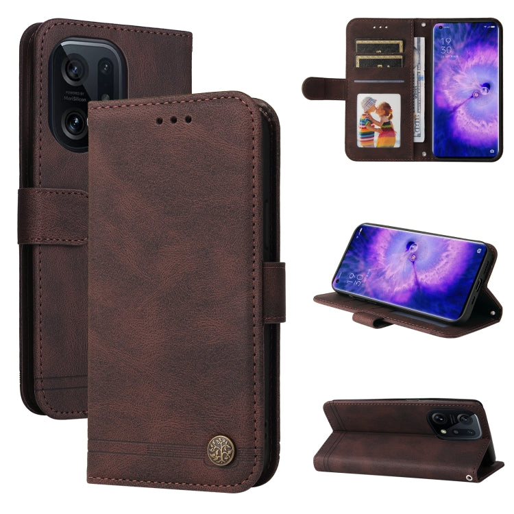 Custodia per telefono in pelle con bottone in metallo con albero della vita Skin Feel, For OPPO Find X5 Pro