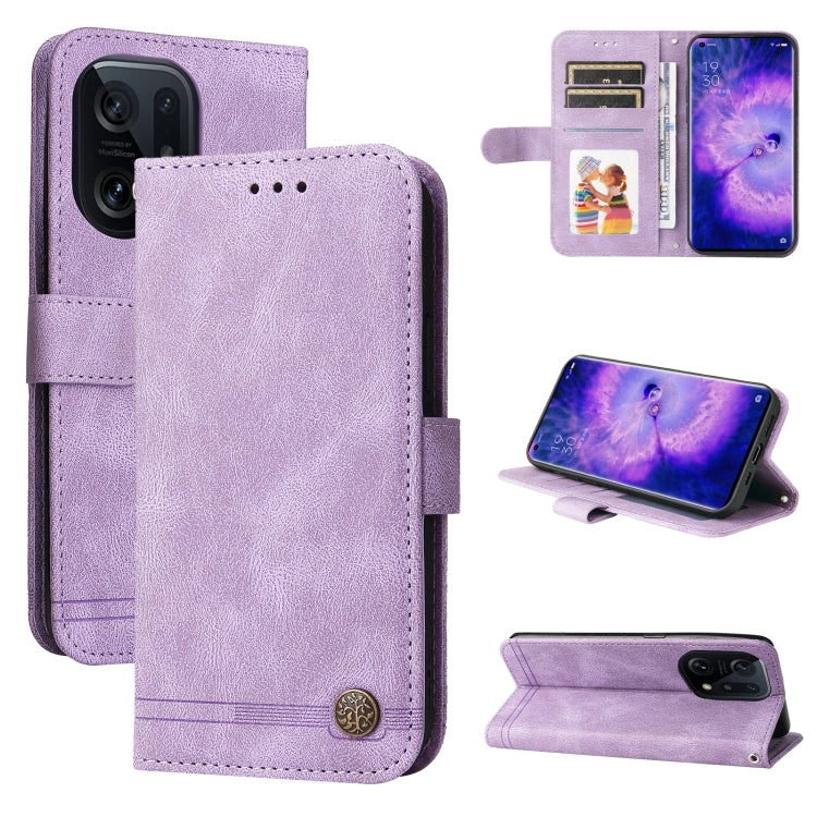 Custodia per telefono in pelle con bottone in metallo con albero della vita Skin Feel, For OPPO Find X5 Pro