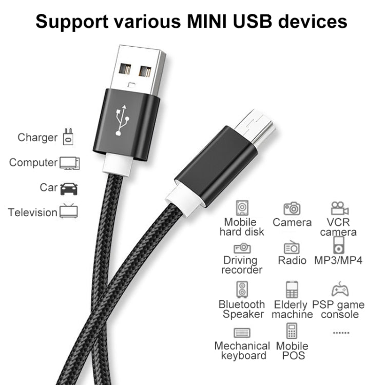 5 PCS Mini USB a USB A Cavo dati / ricarica intrecciato per MP3, fotocamera, DVR per auto, 0.25m, 1m, 1.5m, 2m, 3m