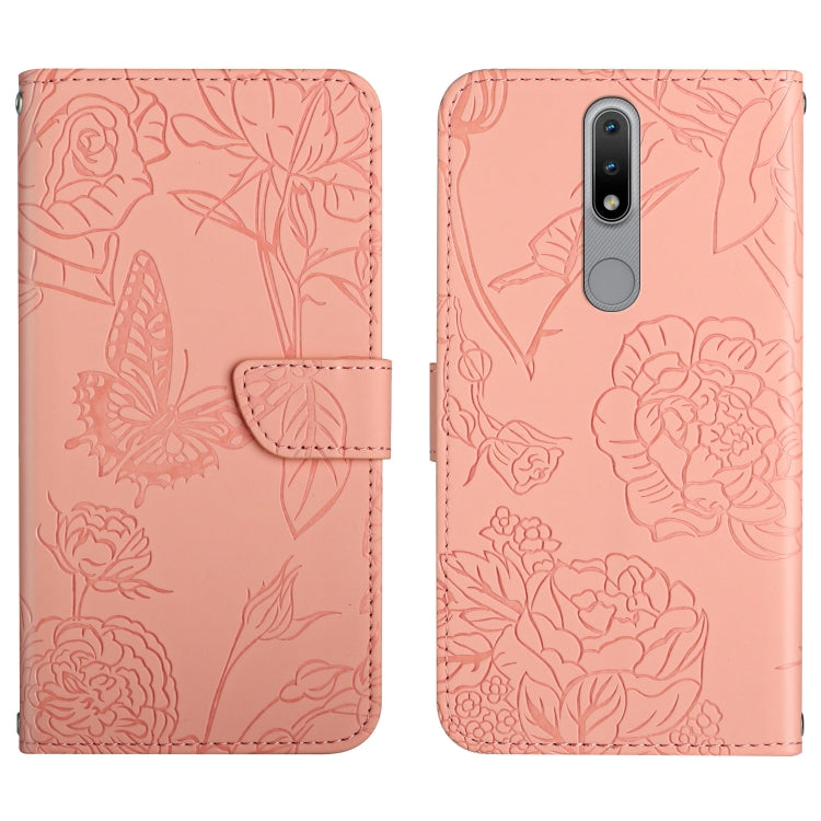 Custodia per cellulare in pelle goffrata con peonia a farfalla, For Nokia 1.4, For Nokia 2.4, For Nokia 5.4, For Nokia C01 Plus