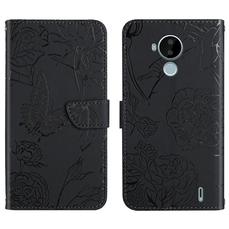 Custodia per cellulare in pelle goffrata con peonia a farfalla, For Nokia C10 / C20, For Nokia C20 Plus, For Nokia C30, For Nokia G50 5G
