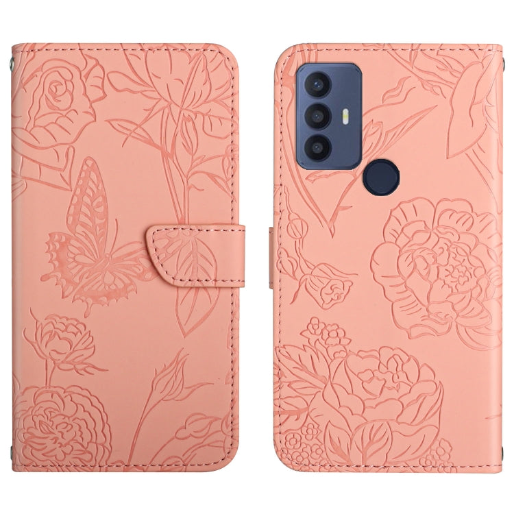 Custodia per cellulare in pelle goffrata con peonia a farfalla, For TCL 30 SE, For T-Mobile Revvl V+ 5G