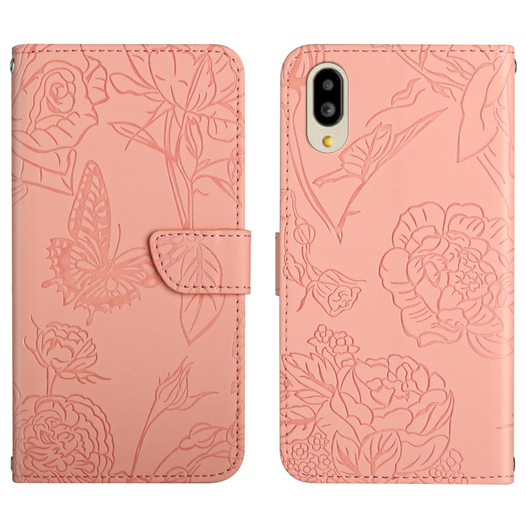 Custodia per cellulare in pelle goffrata con peonia a farfalla, For Sharp Aquos Wish SHG06, For Sharp Simple Sumaho 6, For Sharp Aquos V6 / V6 Plus, For Kyocera Android One S9