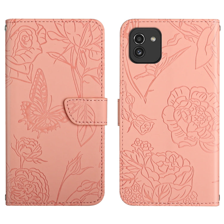 Custodia per cellulare in pelle goffrata con peonia a farfalla, For Samsung Galaxy A03 166mm, For Samsung Galaxy A03 Core, For Samsung Galaxy A03s 166mm, For Samsung Galaxy A03s 165.85mm