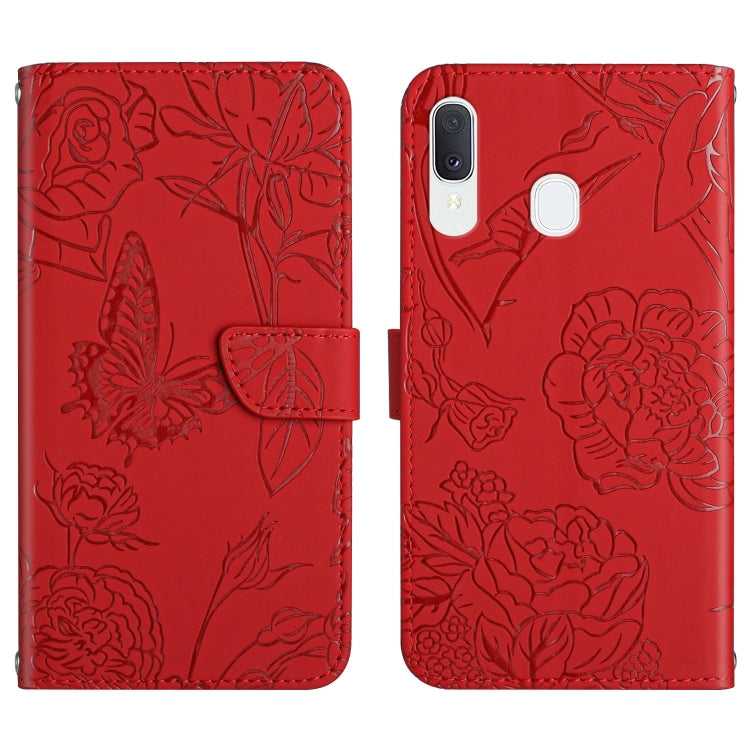 Custodia per cellulare in pelle goffrata con peonia a farfalla, For Samsung Galaxy A20 / A30, For Samsung Galaxy A20e, For Samsung Galaxy A20s, For Samsung Galaxy A21