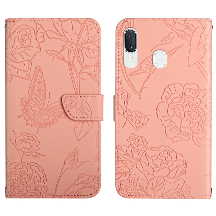 Custodia per cellulare in pelle goffrata con peonia a farfalla, For Samsung Galaxy A20 / A30, For Samsung Galaxy A20e, For Samsung Galaxy A20s, For Samsung Galaxy A21