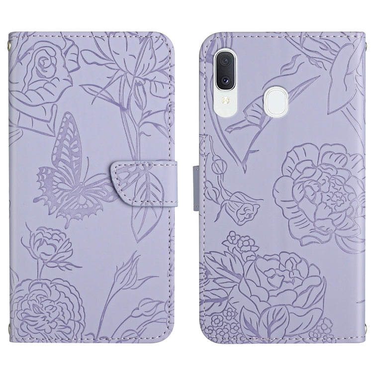 Custodia per cellulare in pelle goffrata con peonia a farfalla, For Samsung Galaxy A20 / A30, For Samsung Galaxy A20e, For Samsung Galaxy A20s, For Samsung Galaxy A21