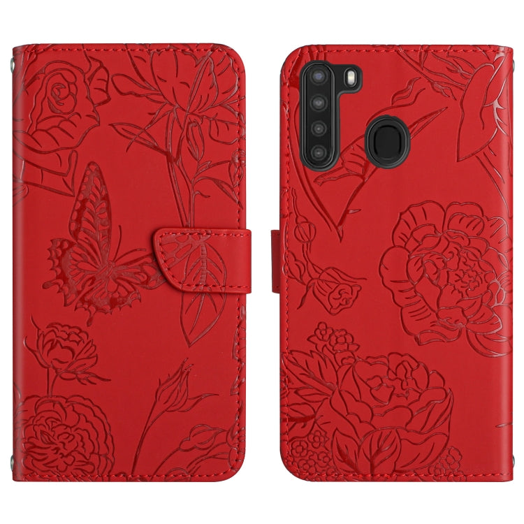 Custodia per cellulare in pelle goffrata con peonia a farfalla, For Samsung Galaxy A20 / A30, For Samsung Galaxy A20e, For Samsung Galaxy A20s, For Samsung Galaxy A21